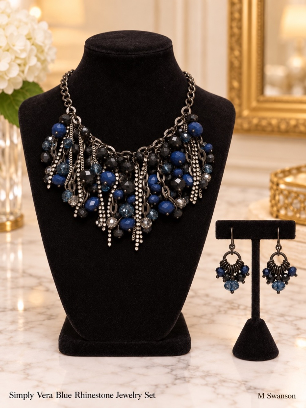 Simply Vera Blue Black Rhinestone Fringe Bib Necklace Earrings Set